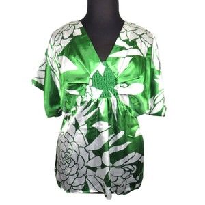 Vintage Lane Bryant Green White Floral Satin Kimono Sleeve Blouse Plus 14-16